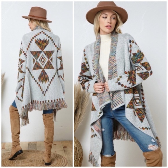 SOLD OUT Gray Open Drape Knit Geo Aztec Tribal Western Print Fringe Cardigan - Picture 3 of 8